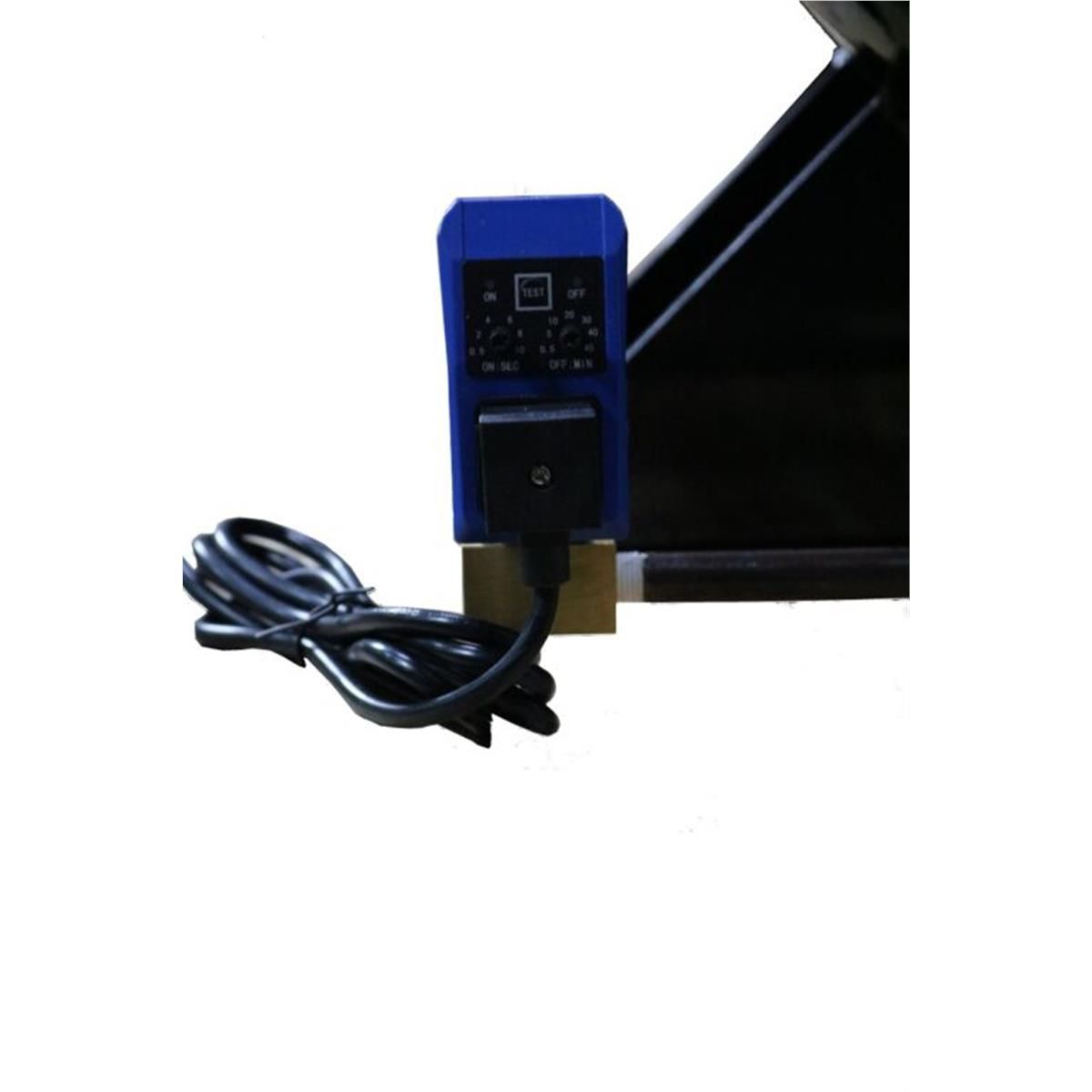Blue electronic automatic tank-drain timer with ON/SEC and OFF/MIN dials, TEST button, and power cord at the tank base