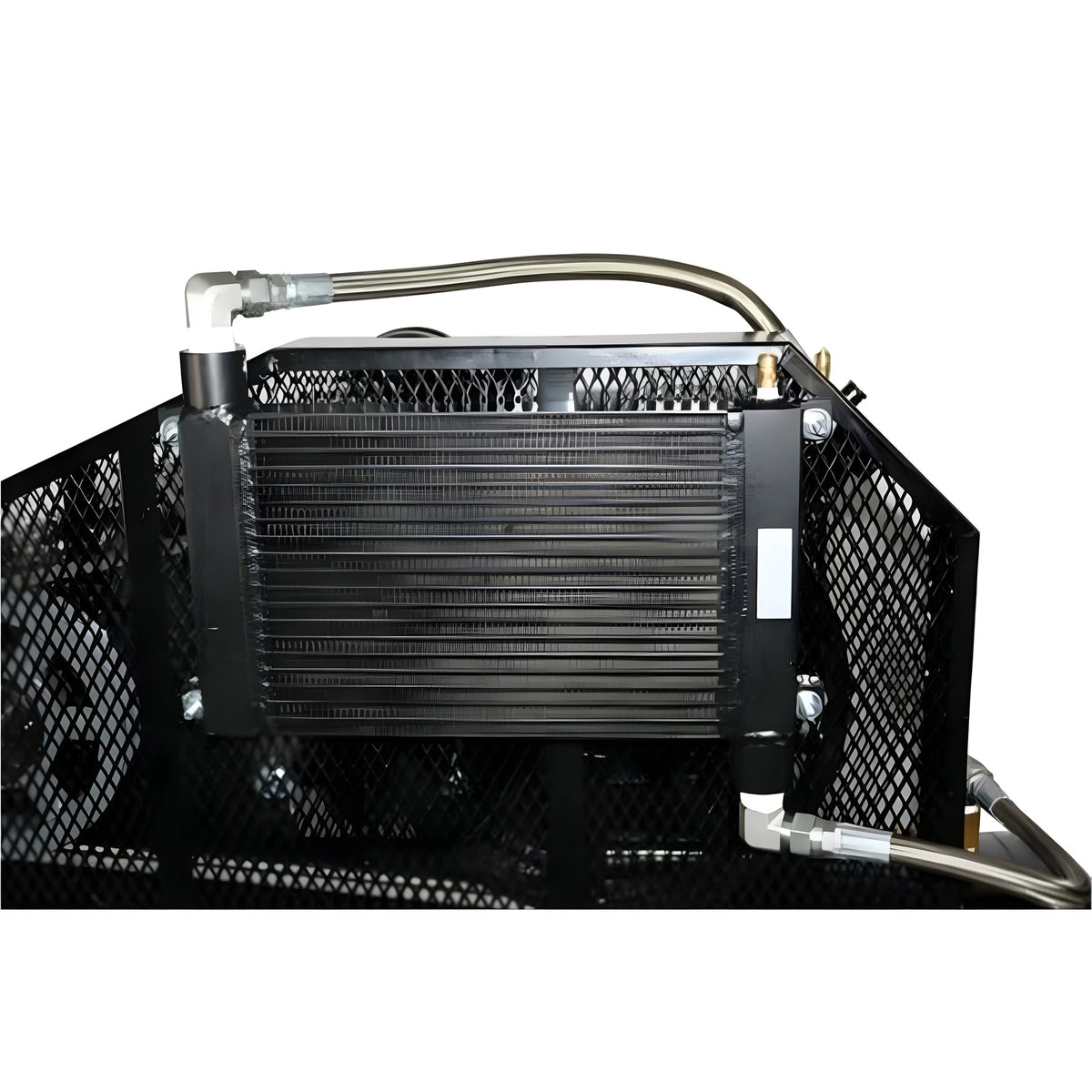 Air-cooled aftercooler core with cooling fins and braided stainless lines behind a black mesh guard
