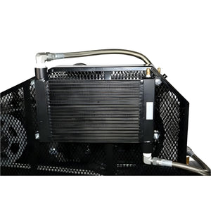 Air-cooled aftercooler core with cooling fins and braided stainless lines behind a black mesh guard