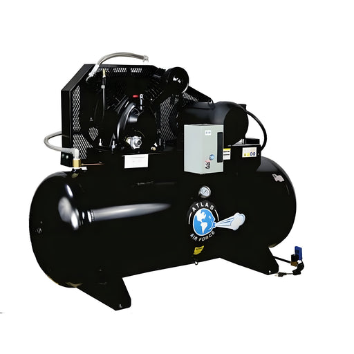 Atlas Air Force AF9P two-stage air compressor with black horizontal 120-gallon tank and belt-driven twin-cylinder pump