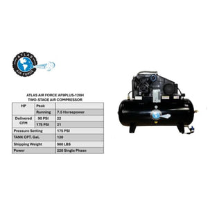 Atlas Air Force AF9PLUS-120H spec card: 7.5 HP, 22 CFM at 90 PSI, 21 CFM at 175 PSI, 175 PSI setting, 120-gallon tank, 980 lb shipping weight, 220V single phase