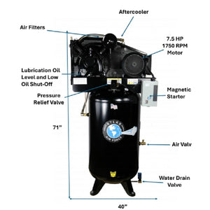 Atlas Air Force AF9P labeled component diagram: aftercooler, air filters, 7.5 HP motor, low-oil shut-off, pressure relief valve, magnetic starter, air and water drain valves, 71 in x 40 in