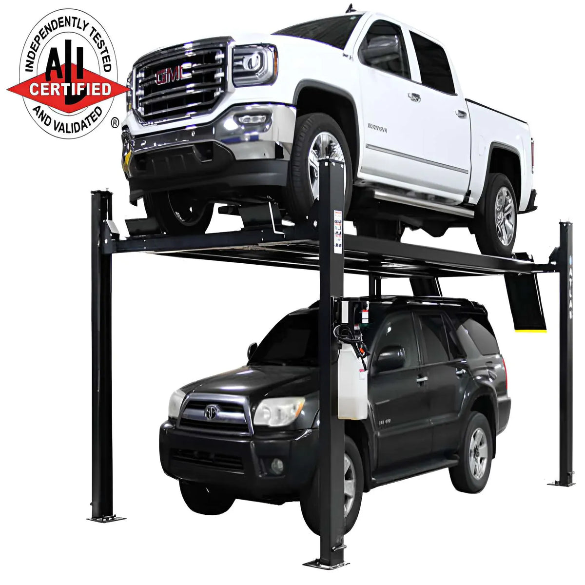 Atlas Apex 9 4-post lift holding a GMC Sierra and Toyota 4Runner, marked with ALI Certified independently tested and validated badge