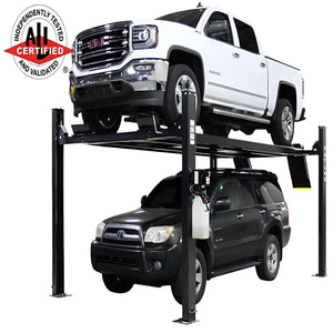 Atlas Apex 9 4-post lift holding a GMC Sierra and Toyota 4Runner, marked with ALI Certified independently tested and validated badge