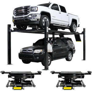 Atlas Apex 9 9,000 lb 4-post lift with white truck stored above and black SUV parked underneath, plus two RJ45A rolling bridge jacks