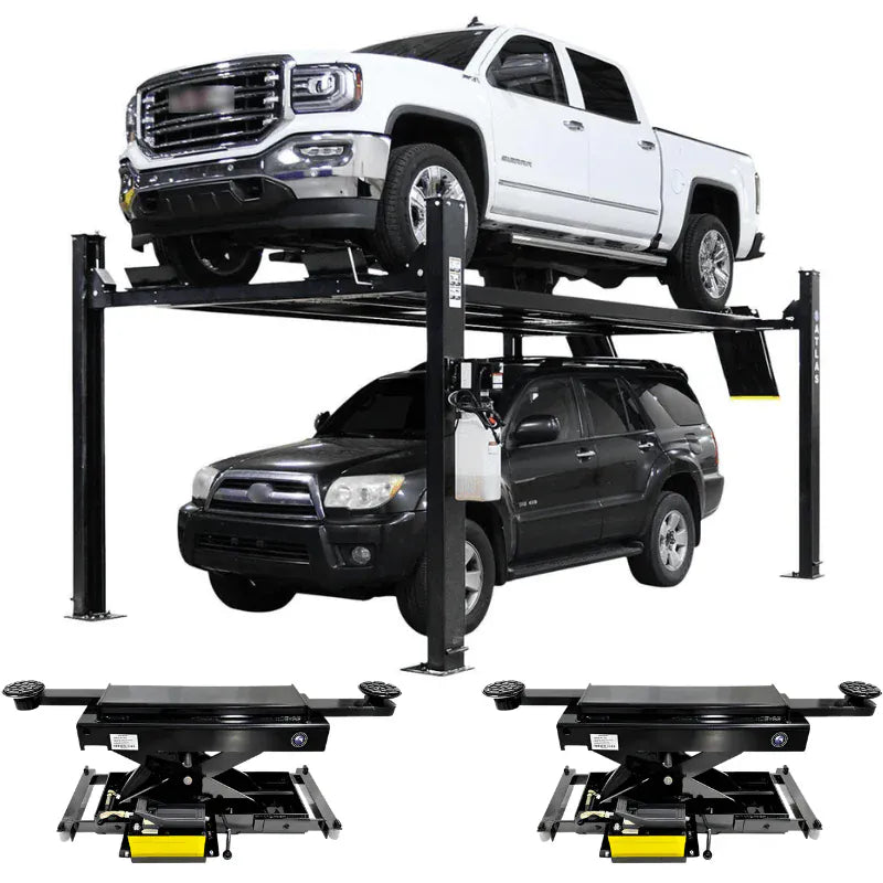 Atlas Apex 9 9,000 lb 4-post lift with white truck stored above and black SUV parked underneath, plus two RJ45A rolling bridge jacks