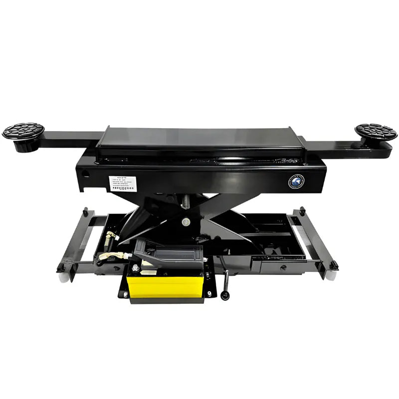 Atlas RJ45A 4,500 lb air/hydraulic rolling bridge jack with chrome adapters and yellow air valve, on white background
