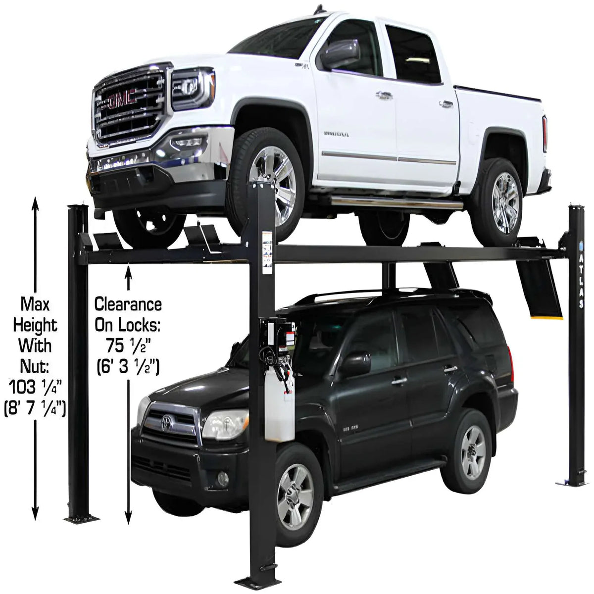Atlas Apex 9 4-post lift side profile with white truck on the runways and dark SUV underneath, showing 15 ft 4 in length between columns