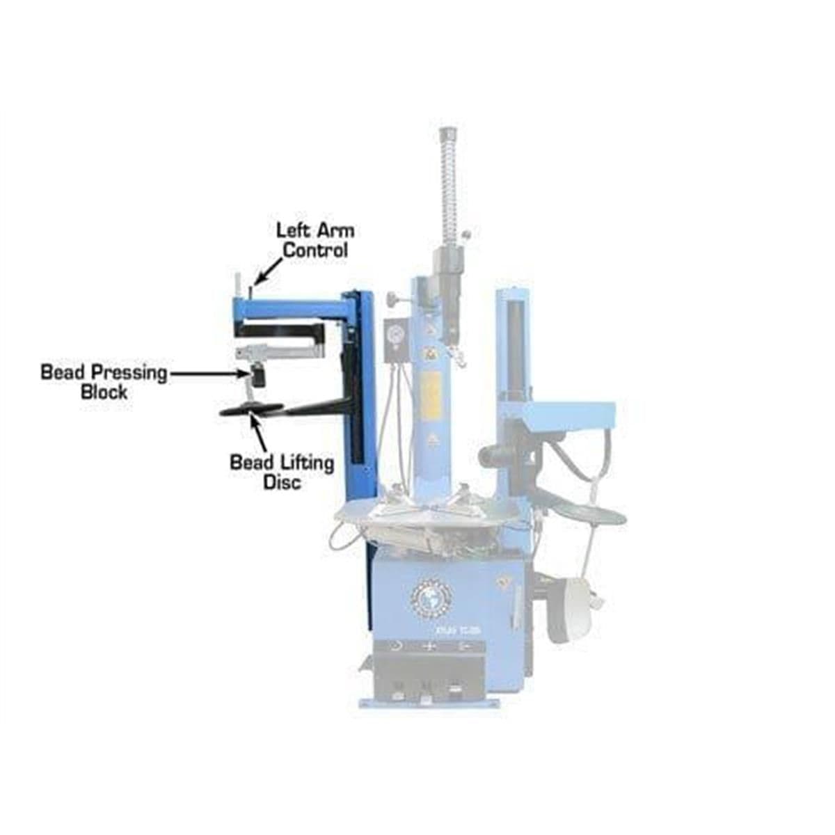Atlas LHA assist arm mounted to the left of an Atlas tire changer column with components labeled