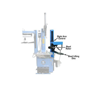 Atlas ATEATTC-RHA mounted on a 700 Series tilt-back tire changer column, showing Right Arm Control and pneumatic supply