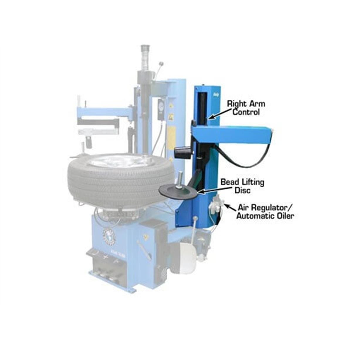 Atlas ATEATTC-RHA bead lifting disc positioned against a wheel mounted on a 700 Series tilt-back tire changer turntable