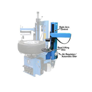 Atlas ATEATTC-RHA bead lifting disc positioned against a wheel mounted on a 700 Series tilt-back tire changer turntable