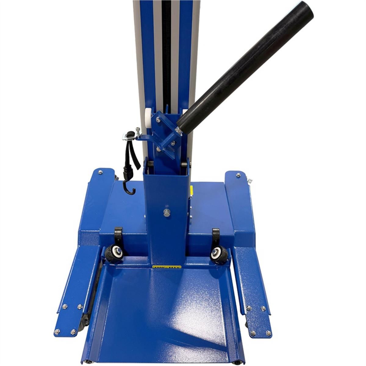 Close-up of the wheel lift's base with swivel casters and tie-down hook
