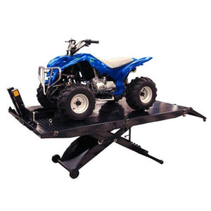 Blue ATV centered on the raised diamond-plate deck of an Atlas Cyclelift XLT air lift
