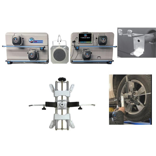 Atlas Edge TD2.0 Deluxe WiFi alignment system overview: sensor cabinets, tablet display, 4-point wheel clamps and in-use wheel mount
