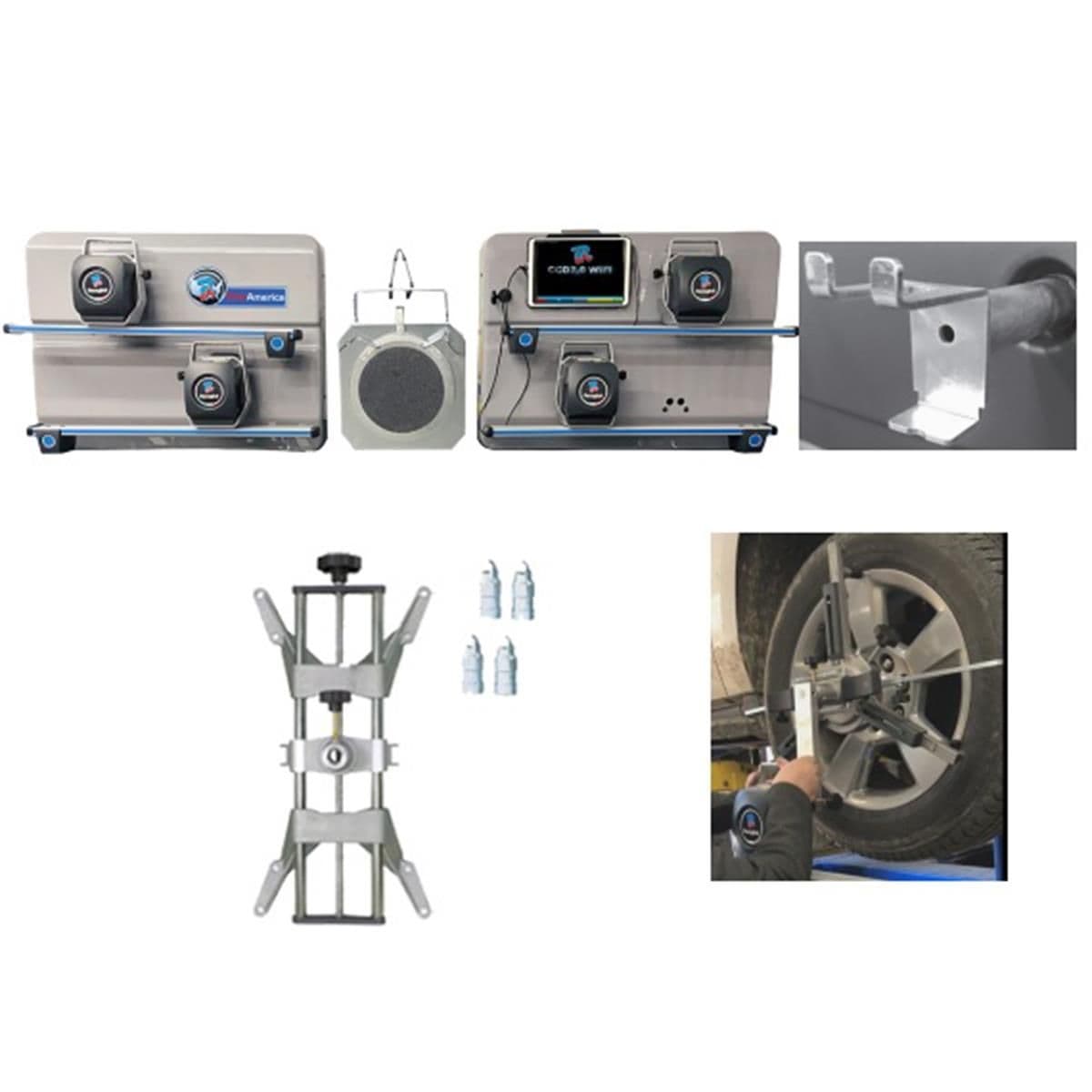 Atlas Edge TD2.0 Select WiFi wheel alignment system: 8-camera cabinet, TEQ-LINK tablet, wheel clamp, and turntable