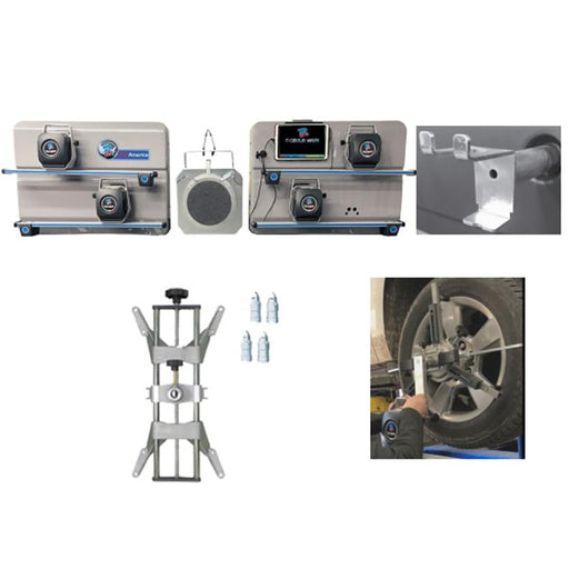 Atlas Edge TD2.0 Select WiFi wheel alignment system: 8-camera cabinet, TEQ-LINK tablet, wheel clamp, and turntable
