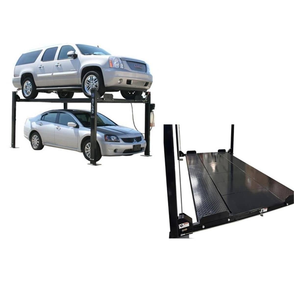Atlas Garage PRO8000EXT 8,000 lb four-post lift storing an SUV above a sedan, shown with Pro-Floor 8-piece deck panels installed