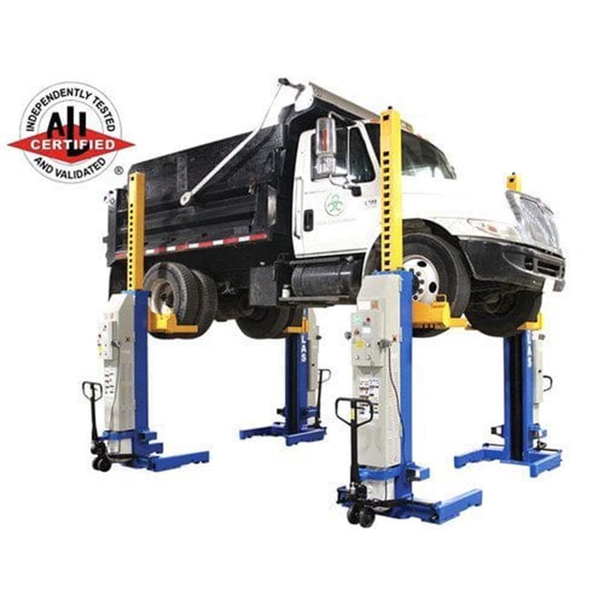 Atlas Maxima ML-4030BC ALI Certified 4-column mobile lift system supporting a commercial dump truck, 66,000 lb total capacity