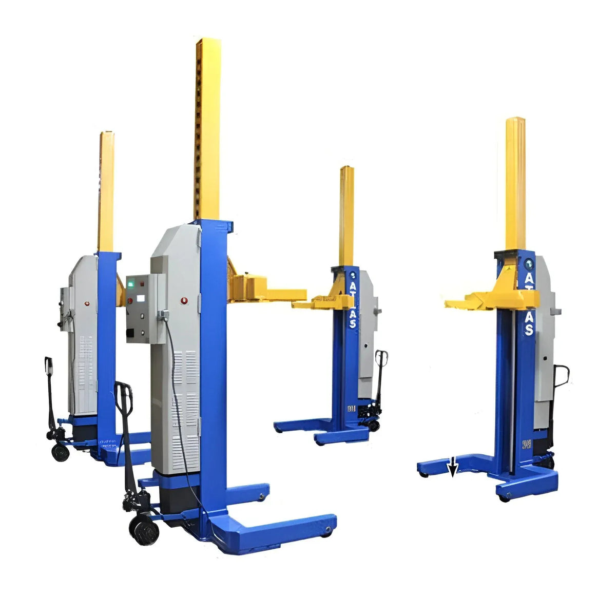 Atlas ML-4034BC mobile column lift set of four columns showing carriage, control box, fork, and hydraulic pallet jack base