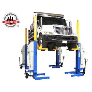 Atlas Maxima ML-4034BC ALI Certified four-column mobile lift raising a heavy truck, 74,000 lb total capacity