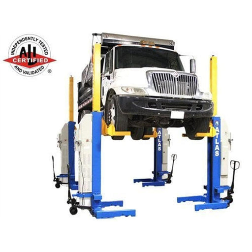 Atlas Maxima ML-4034BC ALI Certified four-column mobile lift raising a heavy truck, 74,000 lb total capacity