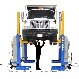 Atlas ML-4034BC mobile column lift raising a box truck, front view with person silhouette for scale