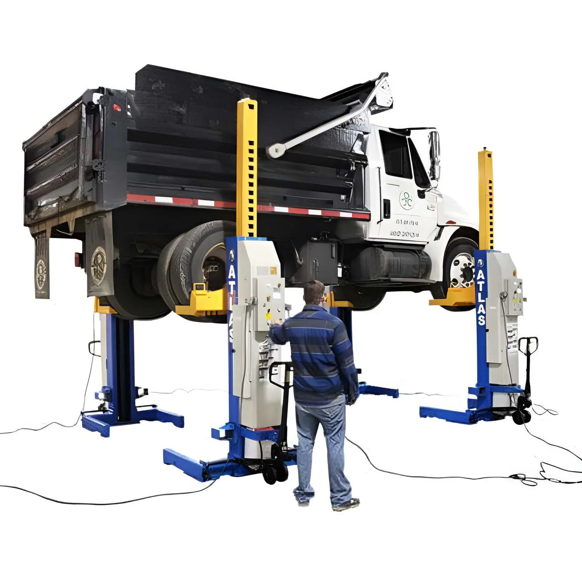 Atlas ML-4034BC mobile column lift holding a dump truck, operator at column control panel