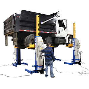 Atlas ML-4034BC mobile column lift holding a dump truck, operator at column control panel