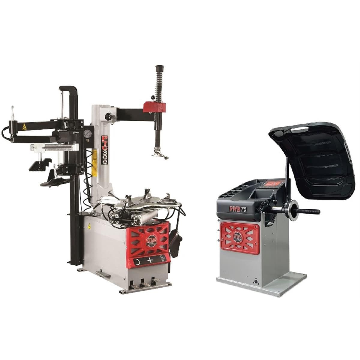 Atlas Platinum PTC300 swing-arm tire changer and PWB70 spin wheel balancer combo, side by side