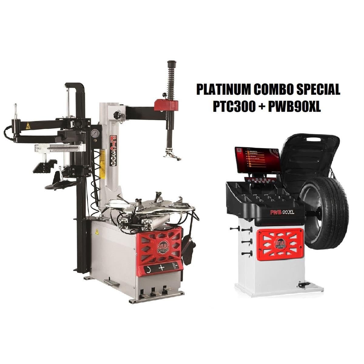 Atlas Platinum PTC300 + PWB90XL combo package with model labels, tire changer and 3D video balancer