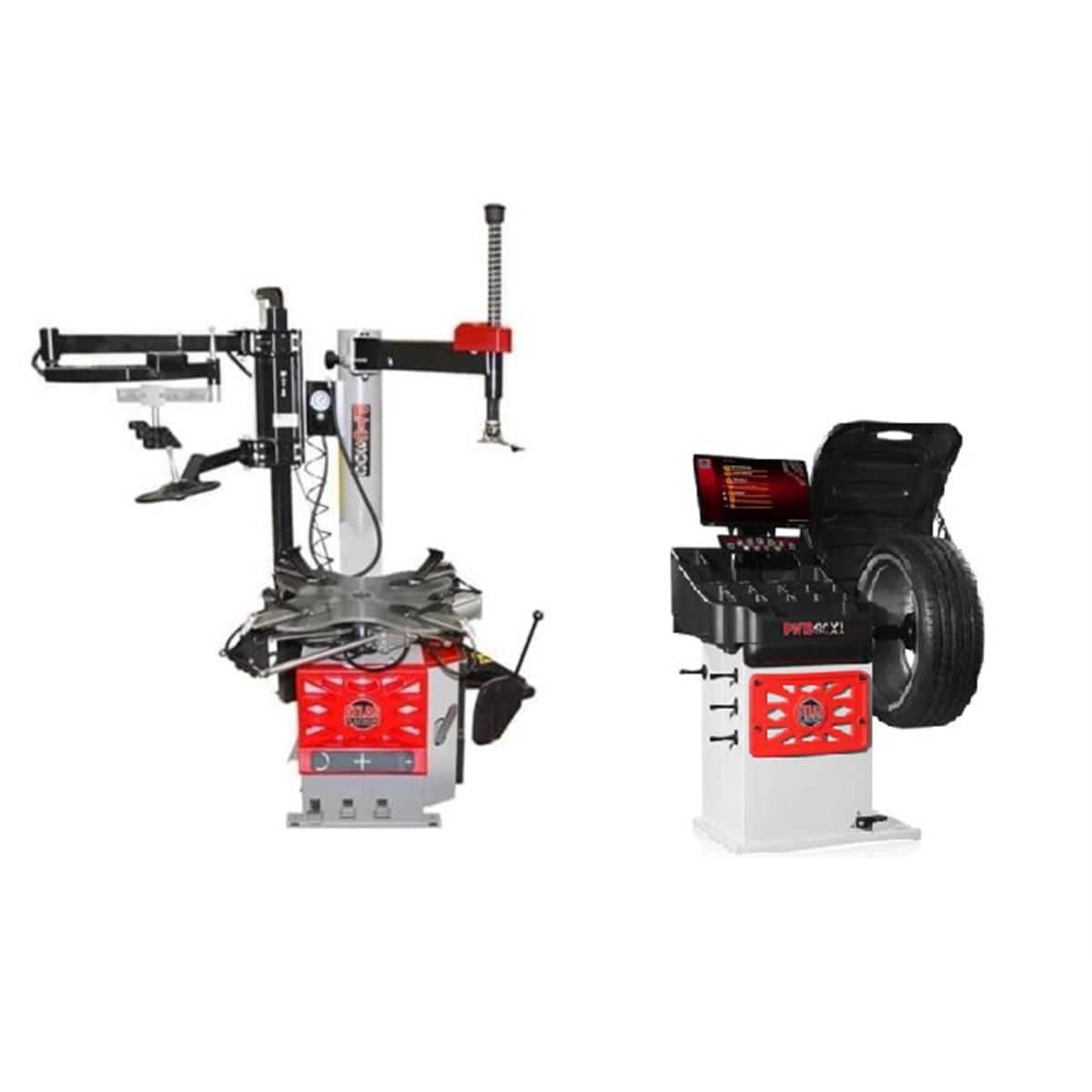 Atlas Platinum PTC300 rim-clamp tire changer and PWB90XL 3D video wheel balancer combo, side by side