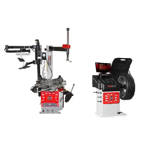 Atlas Platinum PTC300 rim-clamp tire changer and PWB90XL 3D video wheel balancer combo, side by side
