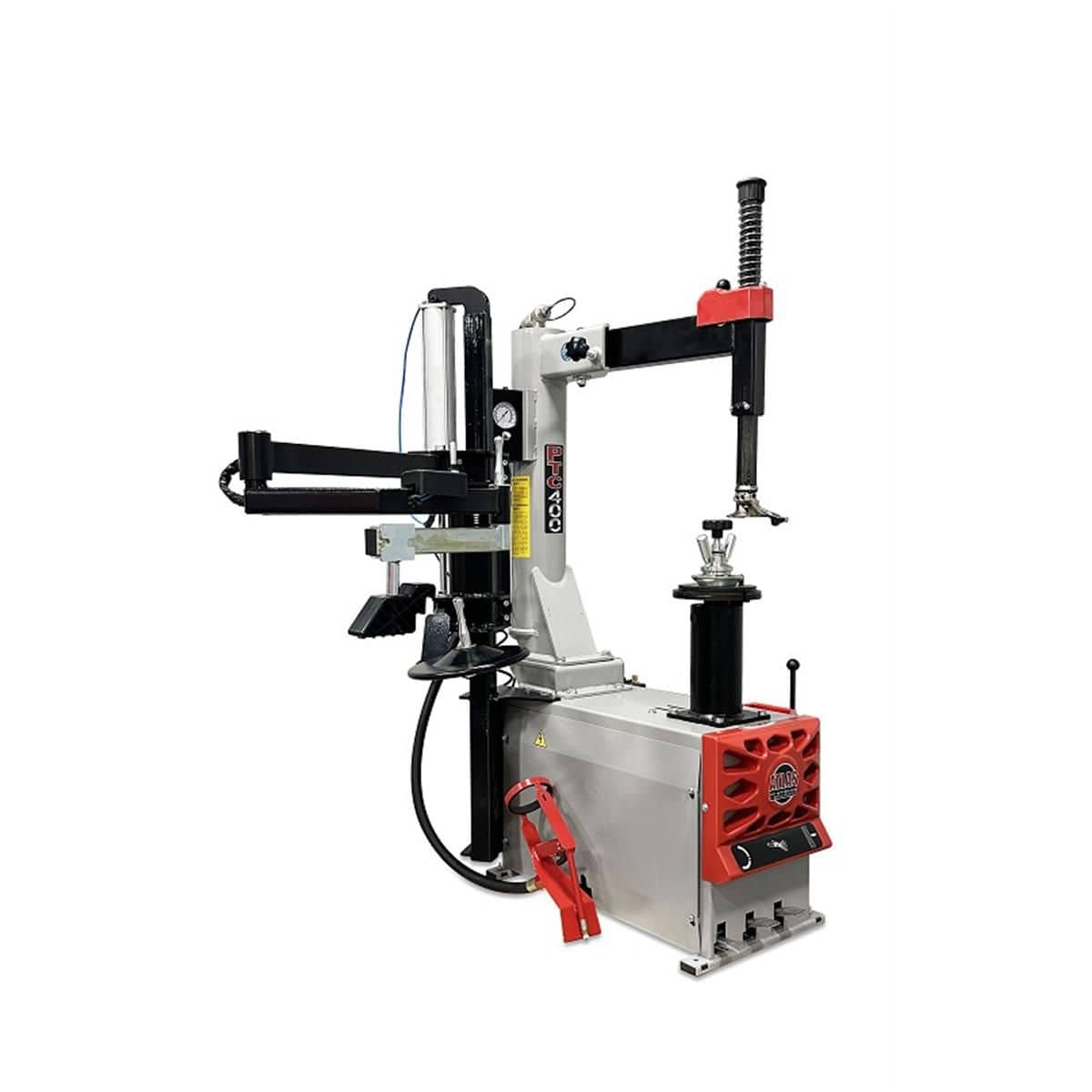 Atlas Platinum PTC400 tire changer front-quarter view showing column, turntable, and pedal controls