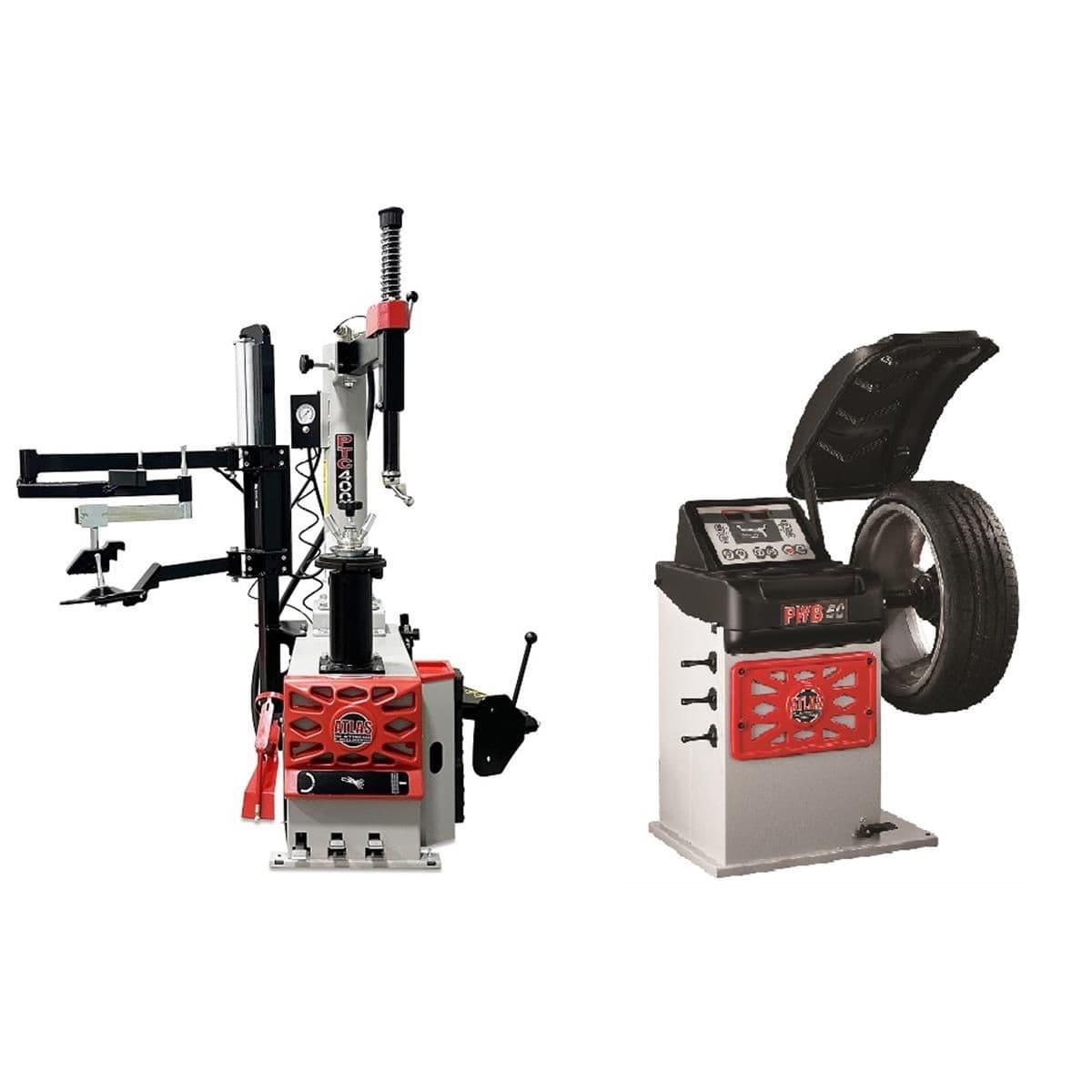 Atlas Platinum PTC400 swing-arm tire changer paired with PWB50 2D computer wheel balancer combo