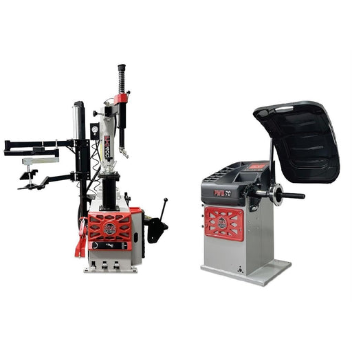 Atlas Platinum PTC400 swing-arm tire changer and PWB70 wheel balancer combo, both units shown side by side