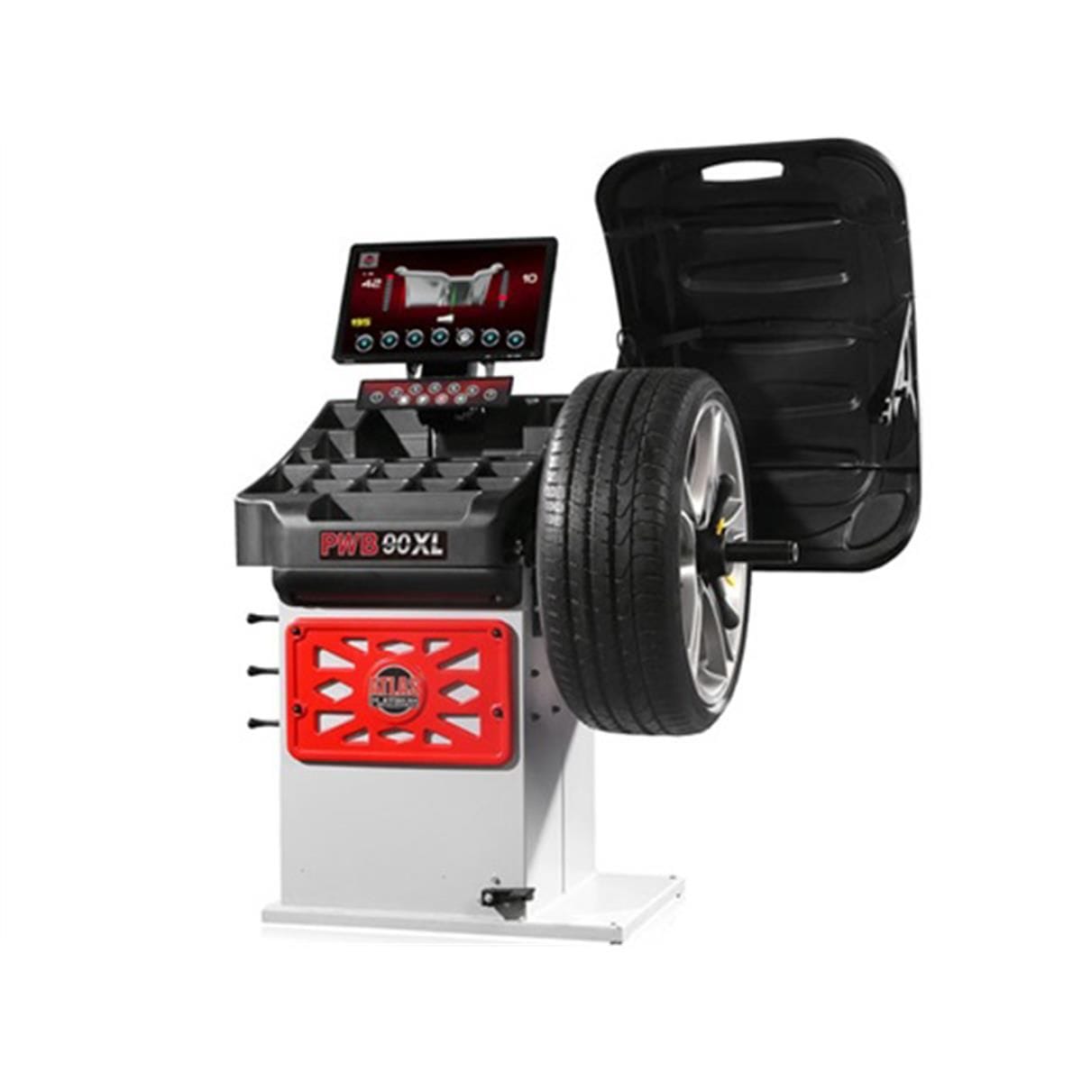 Atlas Platinum PWB90XL wheel balancer with tire mounted and 3D balance display on monitor