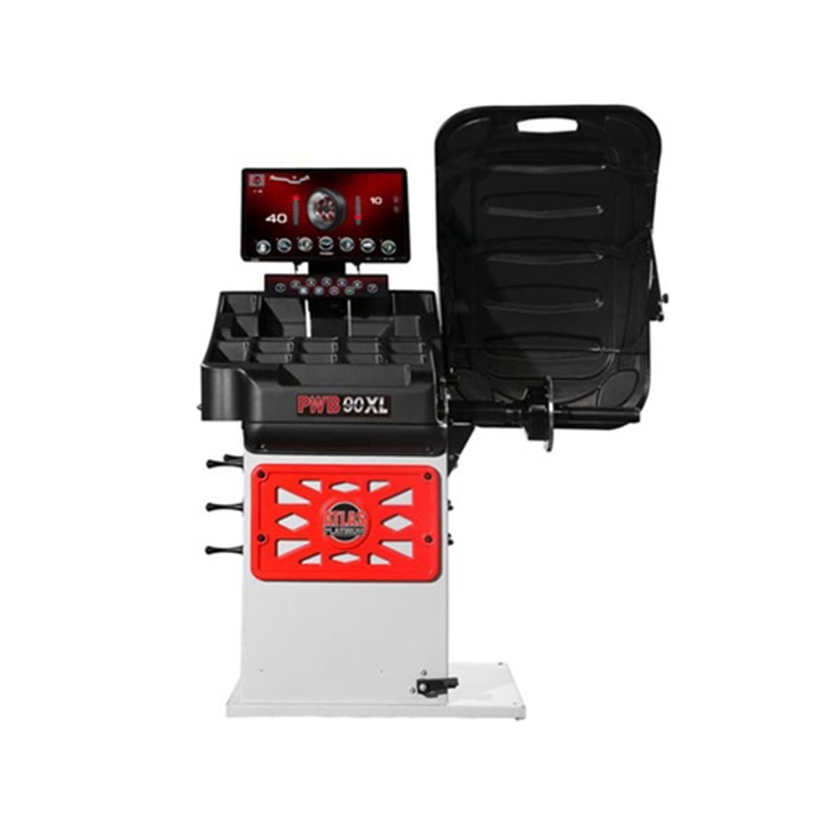 Atlas Platinum PWB90XL wheel balancer front view with weight tray and Platinum cover