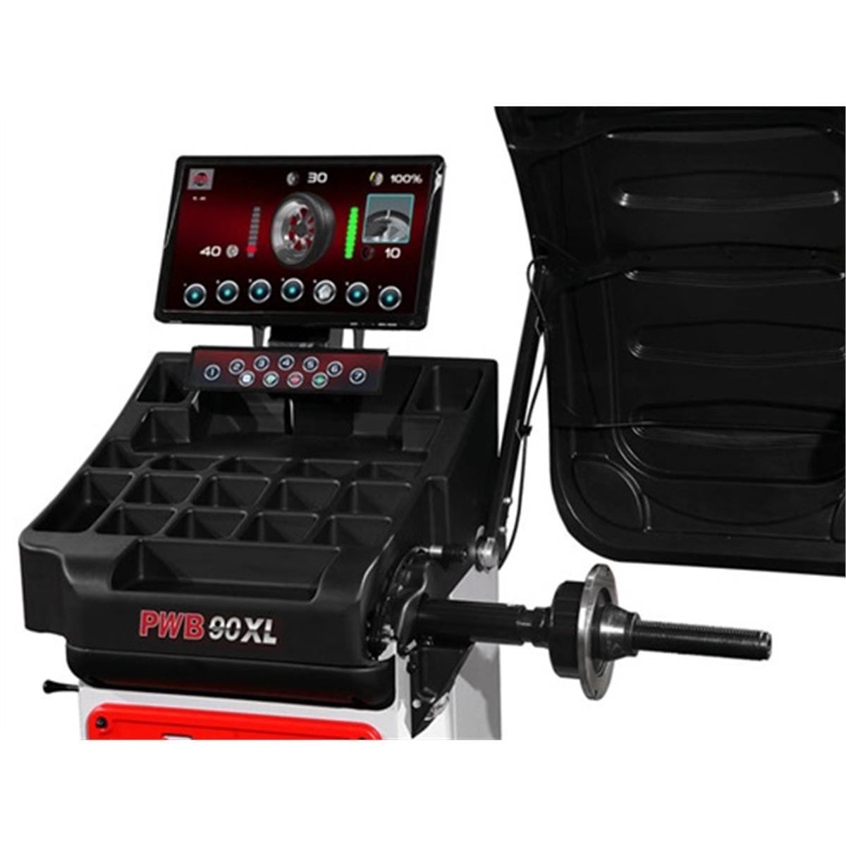 Atlas Platinum PWB90XL wheel balancer monitor and 40 mm shaft close-up with quick-release nut