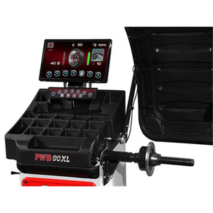 Atlas Platinum PWB90XL wheel balancer monitor and 40 mm shaft close-up with quick-release nut