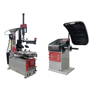 Atlas Platinum PTC600 tilt-back tire changer and PWB70 wheel balancer combo, both units shown side by side