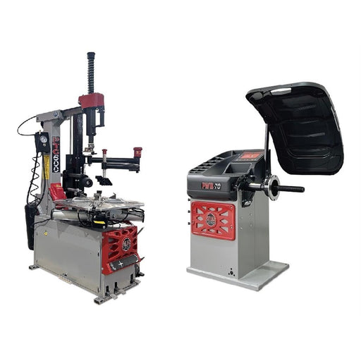 Atlas Platinum PTC600 tilt-back tire changer and PWB70 wheel balancer combo, both units shown side by side