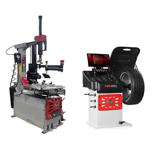 Atlas Platinum PTC600 tilt-back tire changer and PWB90XL 3D video wheel balancer combo, both 110V Italian-engineered