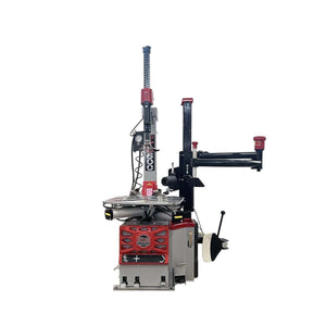 Atlas Platinum PTC600 tire changer side view showing red Atlas-branded base panel and assist arm