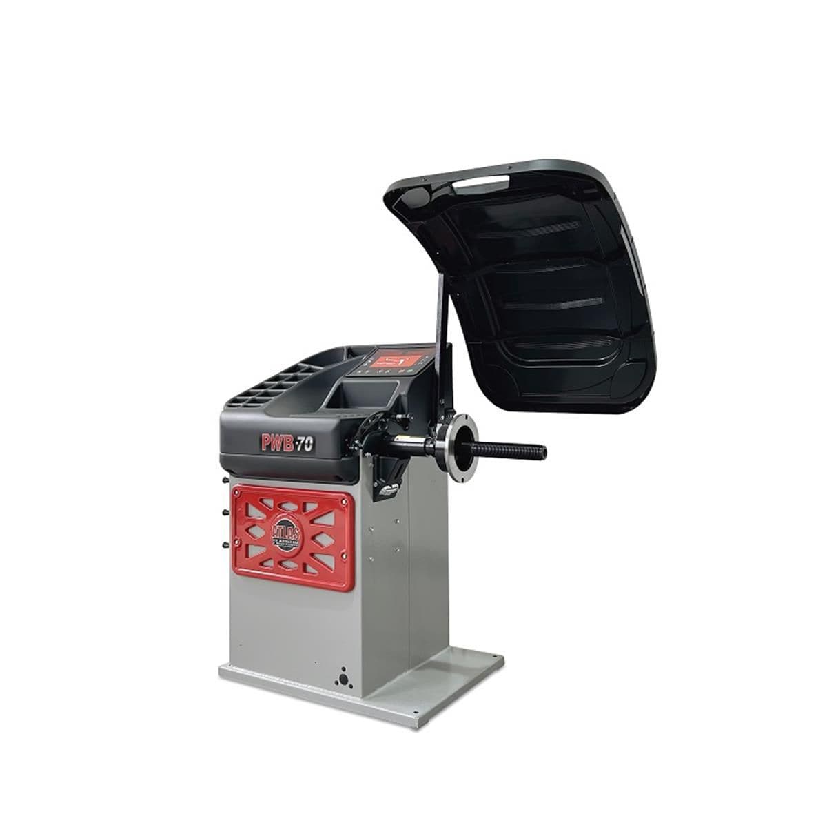 Atlas Platinum PWB70 wheel balancer right-side angle showing 40mm shaft and Atlas Platinum panel