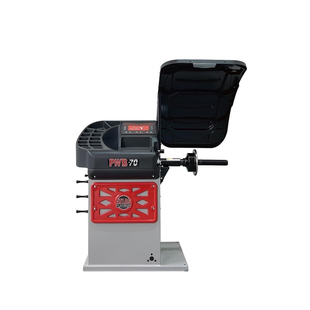Atlas Platinum PWB70 wheel balancer front view with hood raised, accessory pegs and Atlas Platinum panel visible