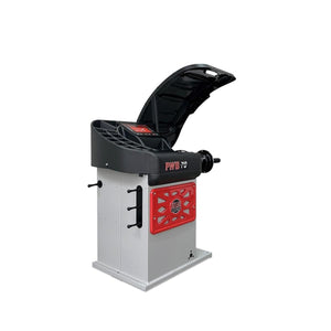 Atlas Platinum PWB70 motorized spin wheel balancer, three-quarter view with hood raised