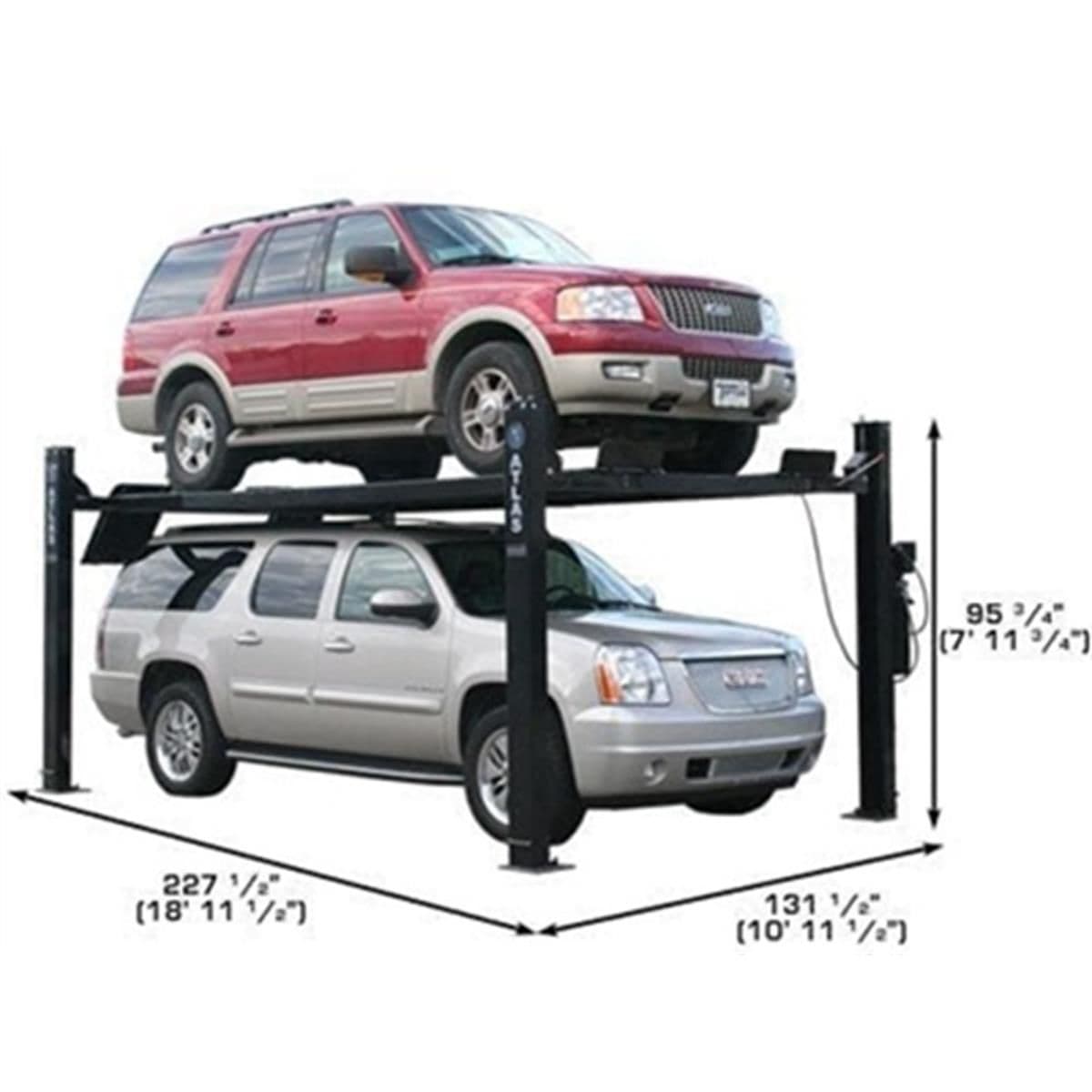 Atlas PRO9000 lift overall footprint: 95¾" tall, 227½" long, 131½" wide