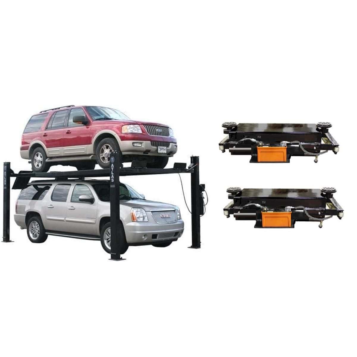 Atlas Garage PRO9000 four-post lift with two RJ-45A rolling bridge jacks combo package, hero shot on white