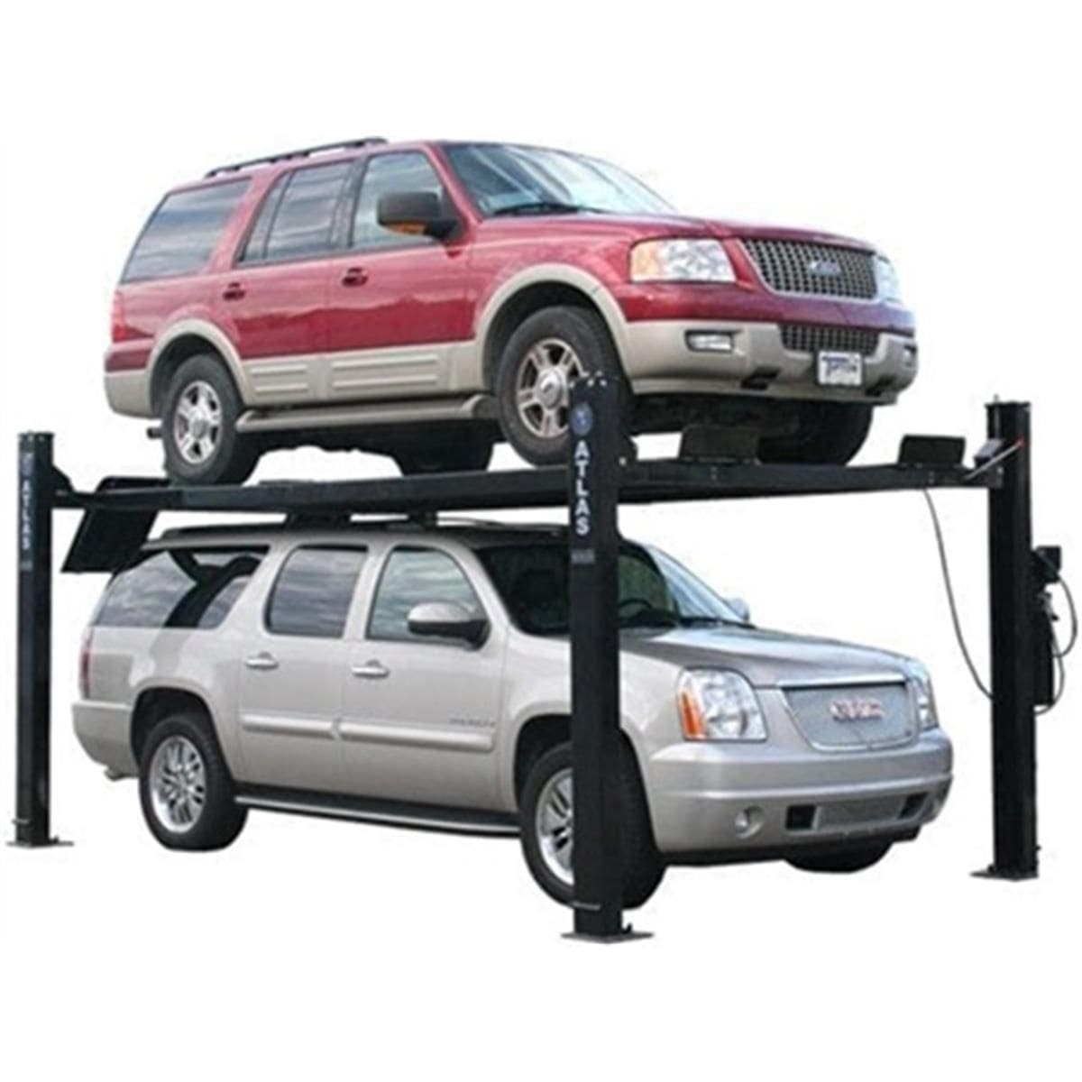 Atlas PRO9000 four-post lift parking a Ford SUV above a GMC Yukon